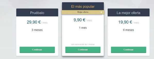 Tabla de precios de suscripción en Solteros con Nivel